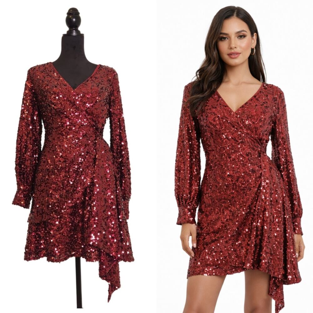 SACHIN & BABI NWT Red Sequin Wrap Dress, Sample Size 4